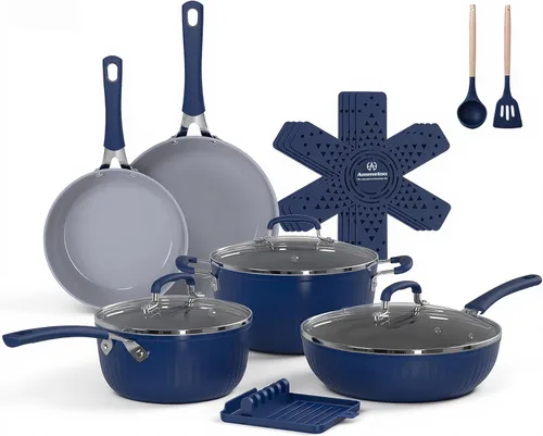 Ammeloo Juego de utensilios de cocina de cerámica acanalada de 15 piezas, juego de ollas y sartenes antiadherentes, listo para inducción, juego de