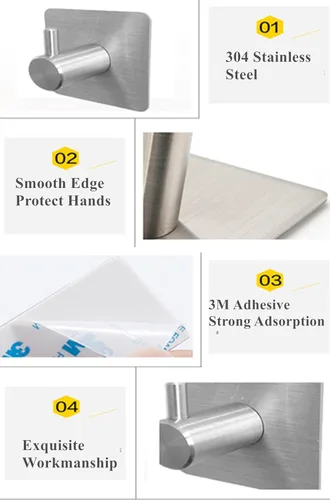 Miniatura 3 de 3M Ganchos adhesivos de pared – Paquete de 2 ganchos de acero inoxidable SUS304 Ganchos de pared cepillados resistentes para toallas, llaves