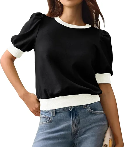 MEROKEETY Camisetas cortas de verano 2024 para mujer, manga corta, cuello redondo, bloque de color, camisas casuales elegantes