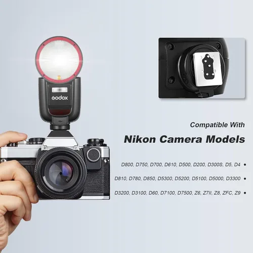 Miniatura 9 de Godox V1 Pro N Versión USA Flash para cámara Nikon con Kit de Accesorios AKR1 2980mAh 76W Batería 500 Parpadeos de potencia completa TTL 1/8000s HSS
