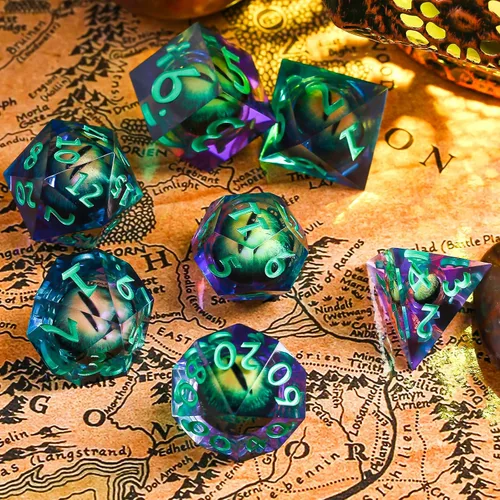 Miniatura 5 de Juego de dados DND, dados de 7 piezas de dados de ojo de núcleo líquido, Dungeons and Dragons, dados de resina de borde afilado con caja de regalo