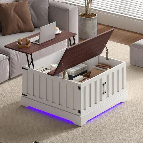 HedoAjim - Mesa auxiliar elevable con almacenamiento, mesa de centro cuadrada de 31.5 pulgadas con gran almacenamiento oculto, mesa central de