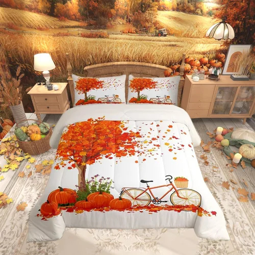 Miniatura 13 de Castle Fairy Juego de edredón de calabaza, hojas de arce para niños, niñas, mujeres, adultos, escena de otoño, casa de campo, edredón acolchado