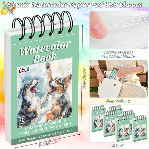 Miniatura 2 de Paquete de 6 blocs de papel de acuarela, papel de acuarela de 3.5 x 5.5 pulgadas, 140 libras/300 gsm, prensa en frío, sin ácidos, 180 hojas de papel