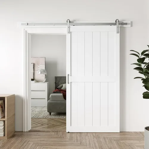Miniatura 18 de Puerta corrediza de granero MDF de 30 x 80 pulgadas con kit de herrajes para puerta de granero de 5 pies, losa para puerta de granero con superficie