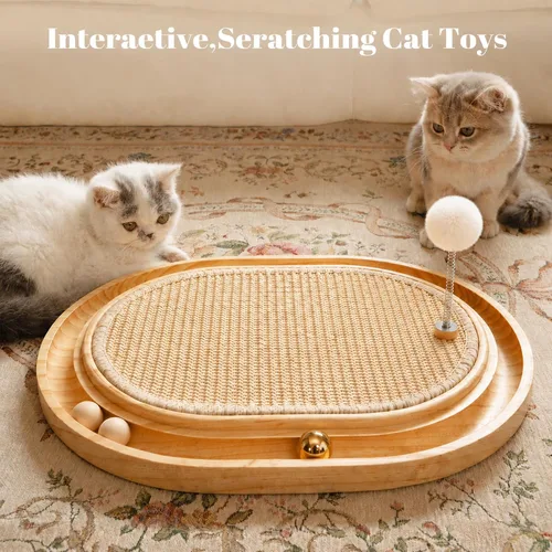 Miniatura 9 de CHEERHOME PETS Juguete rascador de sisal para gatos con pista de bolas, juguete interactivo de madera para gatos de interior, almohadilla