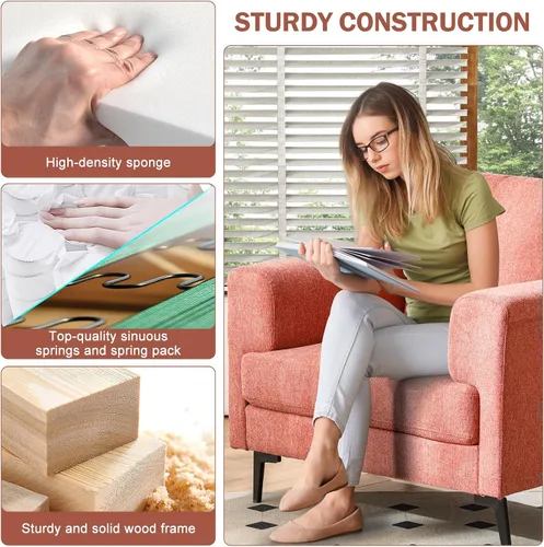 Miniatura 5 de Silla decorativa de gran tamaño, sillas tapizadas para sala de estar, sofá individual con patas de metal, cómoda silla de lectura de tela de lino