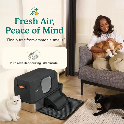 Miniatura 8 de Caja de arena para gatos de acero inoxidable con tapa, diseño XL 3 en 1 para gatos de interior, caja de arena de acero inoxidable, máxima privacidad