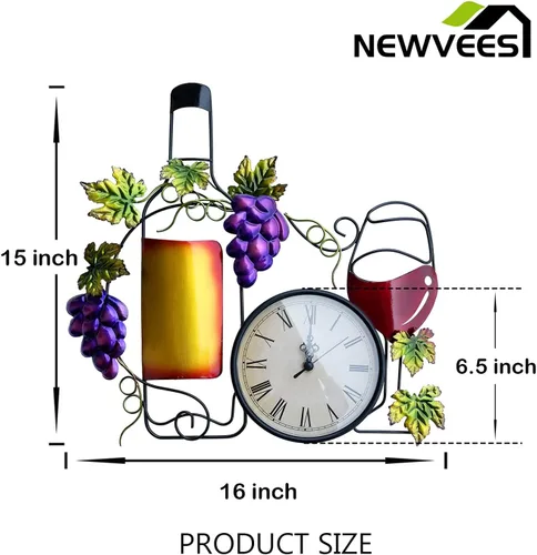 Miniatura 4 de Reloj de pared de metal para cocina, decoración artística de pared grande de 16 pulgadas, reloj decorativo con botella, vidrio, uva falsa, funciona