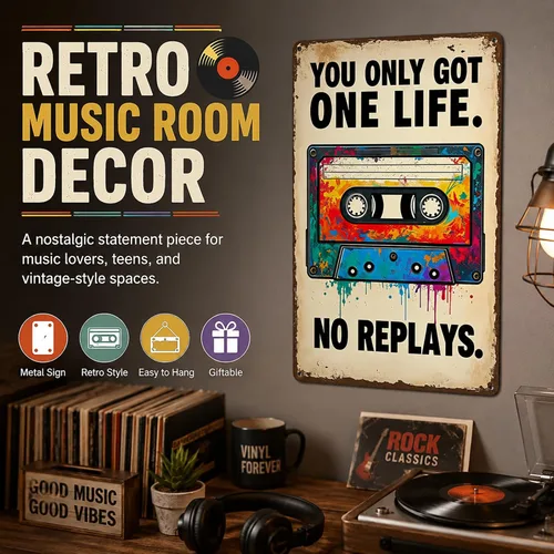 Miniatura 2 de Funnysign Gran regalo para fanáticos de la música, You Only Got One Life No Replays - Cartel de lata de música vintage para dormitorio, estudio, 8 x