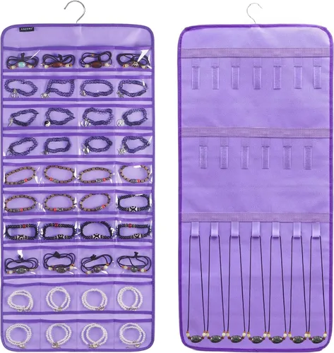 Miniatura 8 de Organizador de joyas colgante de doble cara con 40 bolsillos y 20 bucles de gancho, organizador de joyas para aretes, pulseras, anillos con colgador