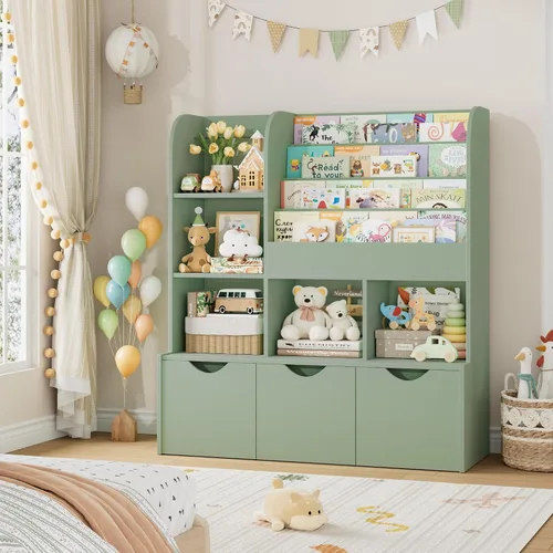 Miniatura 3 de FOTOSOK Estantería para niños de 47 pulgadas con almacenamiento de juguetes, estantería multifuncional con 5 cubos de almacenamiento y 3 cajones