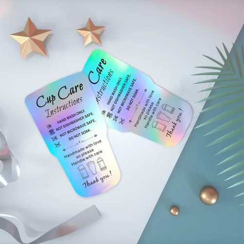 Miniatura 5 de 240 piezas de instrucciones de cuidado del vaso, tarjetas holográficas de embalaje de tarjetas de dirección del cliente para vaso, taza, taza de 3.5