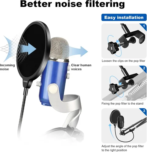 Miniatura 3 de Aokeo - Filtro pop profesional para micrófono, máscara protectora para Blue Yeti y cualquier otro micrófono, pantalla pop de viento de doble capa