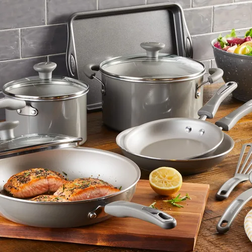 Miniatura 2 de Rachael Ray Get Cooking! Juego de ollas y sartenes antiadherentes, incluye bandeja para hornear y herramientas de cocina, 12 piezas, color gris