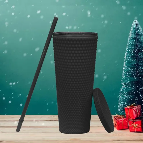 Miniatura 3 de Vaso Tachonado DIY de 24oz. Vaso Tachonado Negro Mate con Tapa y Pajita. Vaso de Viaje Reutilizable con Aislamiento de Doble Pared. Vaso de Plástico