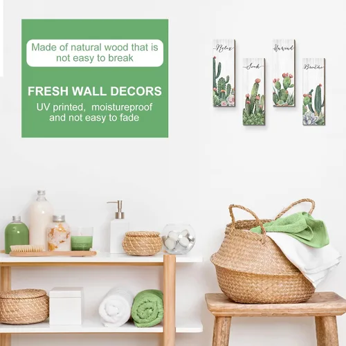 Miniatura 6 de Amyhill 4 piezas de decoración de pared de cactus Relax Soak Unwind Breathe - Decoración de pared de cactus de madera para colgar en la pared