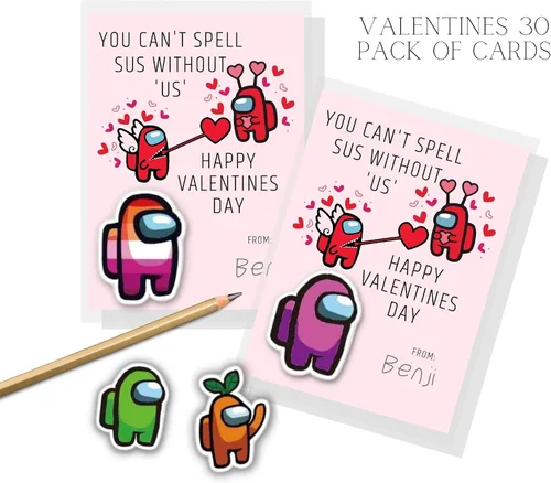 Miniatura 2 de Lashicorn A mong Us - Paquete de 30 tarjetas de San Valentín Día de San Valentín Ideal para combinar con mini figuras de Among Us Diseño Sus
