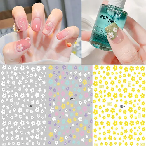 Miniatura 2 de 6 hojas de calcomanías de arte de uñas de flores de verano 3D, calcomanías autoadhesivas para uñas, diseño de arte blanco, amarillo, azul, negro