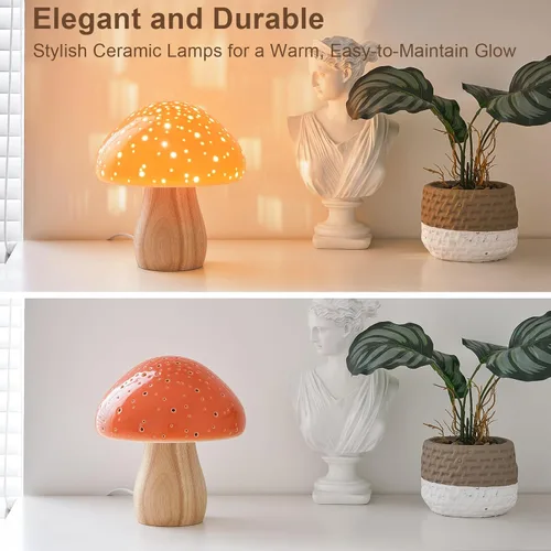 Miniatura 3 de BOHON Lámpara de Hongo, Lámpara de Mesa de Cerámica para Mesita de Noche del Dormitorio, Luz Nocturna Naranja Vintage Retro, Lámpara Estética