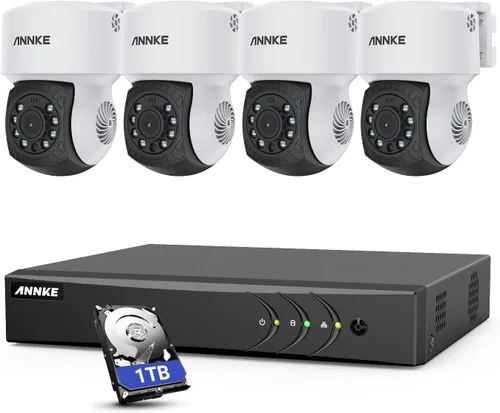 ANNKE DVR de vigilancia con cable H.265+ 8CH de 5MP Lite y 4X 1080p AHD Cámara CCTV PT para exteriores con giro de 350° e inclinación de 90°,