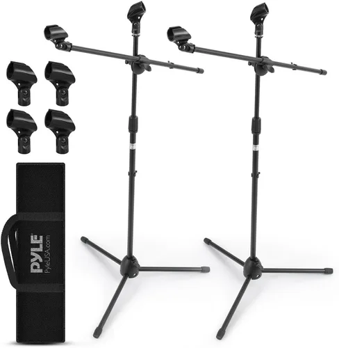 Pyle Soporte de Micrófono Trípode Ajustable Universal - Par de Soportes Profesionales Compactos y Extensibles para Micrófono Boom de Estudio y
