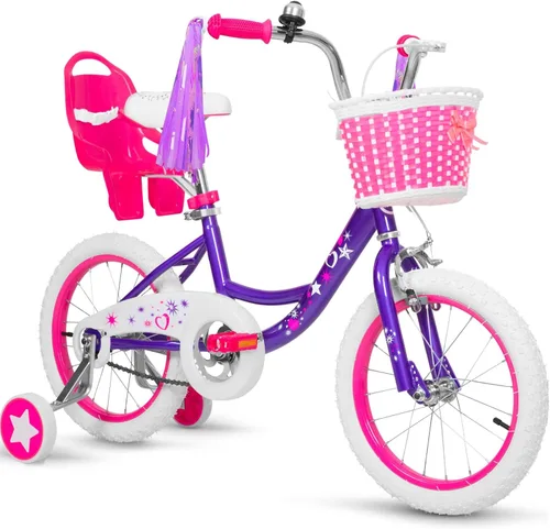 Miniatura 8 de WEIZE Kids Bike, 14 16 Inch Children Bicycle for Girls Ages 4-12 Years Old, Front Basket, Bell, Streamer, Doll Seat, Adjustable Seat & Handlebars