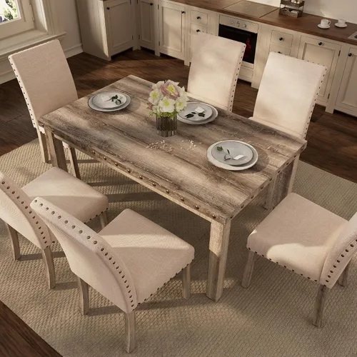 Miniatura 6 de Morden Fort Juego de mesa de comedor rústica para 6, sillas de comedor de cocina de granja para 6, encantadora mesa rectangular de madera de 60" y 6