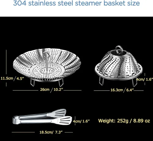 Miniatura 4 de Cesta de vapor de verduras de acero inoxidable 304, inserto expandible para cocinar, se adapta a ollas de 6.4 a 10.2 pulgadas, incluye pinzas