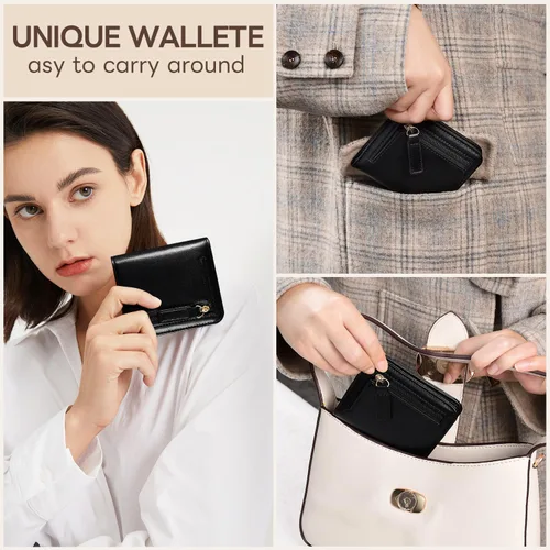 Miniatura 6 de Cartera pequeña para mujer, con bloqueo RFID, de cuero, plegable, compacta, tarjetero para mujer, con cremallera, bolsillo para monedas, ventana