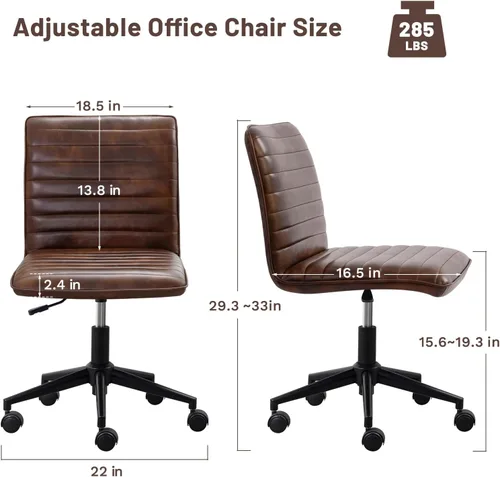Miniatura 2 de Furniliving Silla de cuero para oficina en casa, silla de trabajo de escritorio sin brazos con ruedas, silla giratoria de 360° para computadora