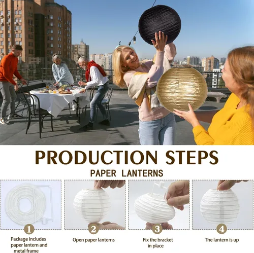Miniatura 2 de 15 linternas de papel negras y doradas, redondas, colgantes, chinas, de 4, 6, 8, 10, 12 pulgadas, para despedida de soltera, compromiso, boda, bebé