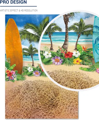 Miniatura 2 de Allenjoy Fondos de fondo de verano y playa para fotografía, cielo azul, playa, tabla de surf, palmeras tropicales, para niños y niñas, cartel