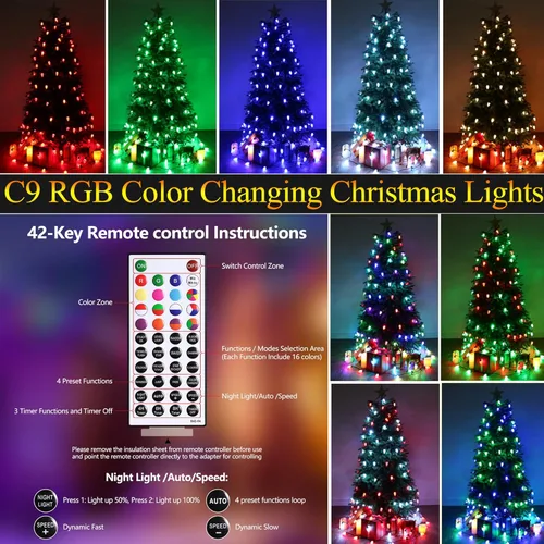 Miniatura 2 de iBaycon Luces de Navidad RGB C9, 65 pies, 100 luces LED que cambian de color, control remoto conectable, impermeable, al aire libre, cadena de luces