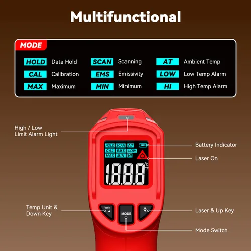 Miniatura 7 de Wintact Pistola de termómetro infrarrojo láser, pistola de temperatura de calor superficial de -58 °F a 1112 °F, termómetro digital sin contacto