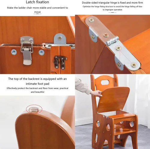 Miniatura 7 de Silla plegable de madera para biblioteca, taburete portátil multifunción de 4 pisos, estante de exhibición para interiores y exteriores (nogal)