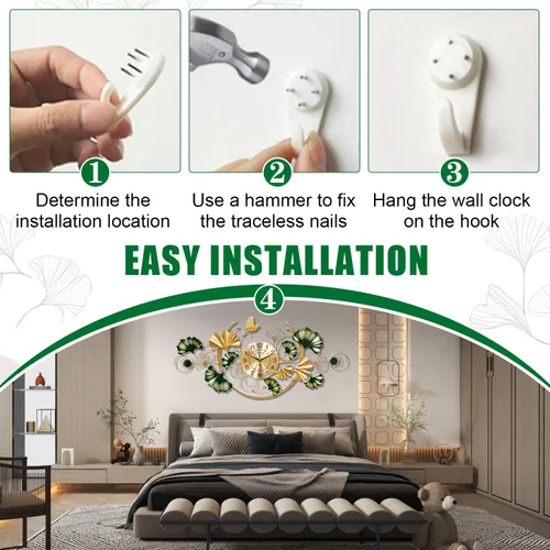 Miniatura 6 de Reloj de pared grande, reloj de pared decorativo de hoja de ginkgo único, decoración de pared de flor de metal dorado de lujo, reloj silencioso