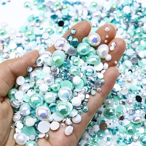 Miniatura 2 de 60g de perlas planas mixtas y diamantes de imitación para manualidades, vasos, zapatos, arte de uñas facial, perlas medias de 2mm-10mm y piedras