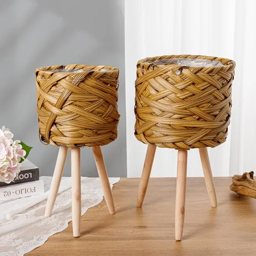Miniatura 2 de Juego de 2 cestas tejidas para macetas con forro de plástico y 3 patas de madera, flores, juguetes de granja rústica (tejido grueso)