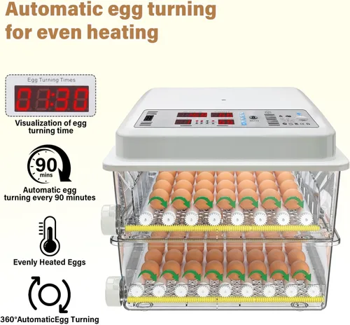 Miniatura 3 de Incubadora inteligente de 120 huevos, control de temperatura y humedad, pantalla LED, vela integrada, llenado de agua externo y potencia dual