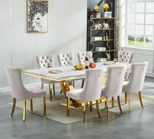 Miniatura 18 de Juego de mesa de comedor grande y moderna de mármol sintético blanco de 94.5 pulgadas, juego de mesa de comedor de 10 piezas con 10 sillas tapizadas