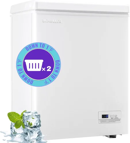 DEMULLER Congelador de pecho, pequeña máquina de congelación profunda blanca de 4.0 pies cúbicos, compacta con puerta superior abatible y panel