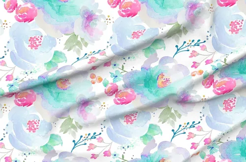 Miniatura 4 de Spoonflower Tela – Floración floral azul púrpura rosa acuarela floral estampado en tela de gasa cuarto gordo – costura moda vestidos decoración