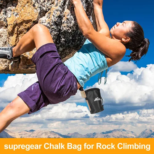 Miniatura 8 de supregear Bolsa de tiza para escalada en roca, bolsillo grande con cremallera con soporte para cepillo, cierre de cordón y clip de mosquetón, ideal