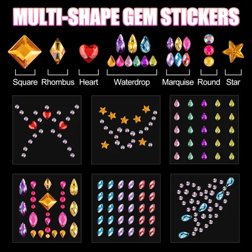 Miniatura 4 de Juego de 15 hojas de diamantes de imitación para la cara y calcomanías de perlas, 4 con 9 colores, gemas autoadhesivas de forma mixta, con pegamento