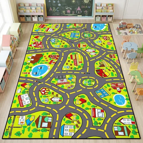 Miniatura 22 de Alfombra de juego para niños (2.6 x 5 pies), 2 unidades, alfombra de carretera para niños, alfombra de mapa de ruta de la ciudad, alfombra