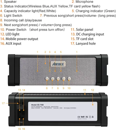 Miniatura 7 de Altavoz solar Bluetooth, IPX7, impermeable, portátil, de 20 W, con 27 luces LED, batería de 5000 mAh, micrófono, tarjeta TF, para ducha al aire