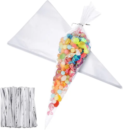 Outus 100 bolsas de golosinas en forma de cono de 7 x 12 pulgadas, bolsas transparentes de celofán cello medianas para dulces y palomitas de maíz