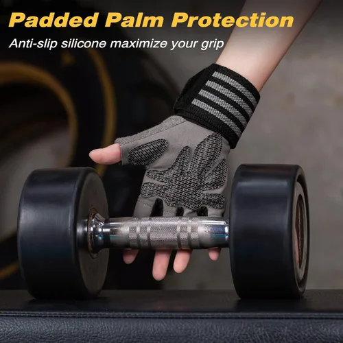 Miniatura 2 de Guantes de entrenamiento con soporte para muñeca para hombres y mujeres, guantes de levantamiento de pesas, antideslizantes, acolchados, sin dedos