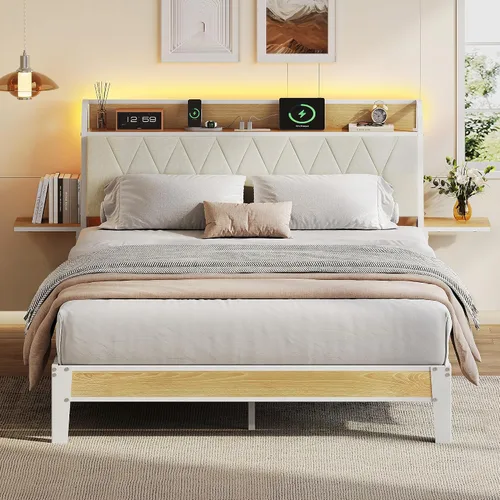 Miniatura 10 de WLIVE Base de cama individual con cabecero, base de cama tapizada con 2 estantes de almacenamiento, cama de plataforma con luces LED y estación